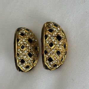 Clip On Rhinestone Earrings Black Enamel Gold Tone Vintage Statement ✨